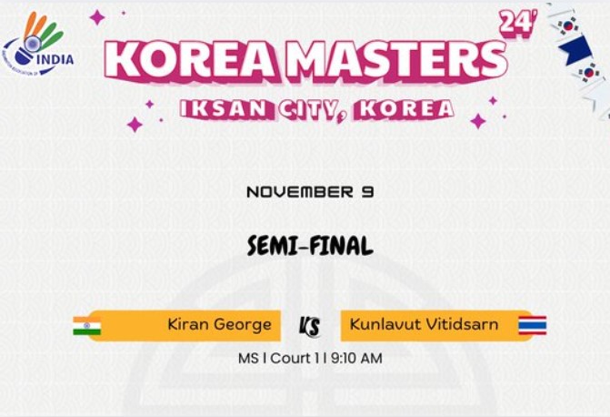 Badminton: Kiran George to face Kunlavut Vitidsarn in Men’s Singles Semifinal today at Korea Masters Tournament