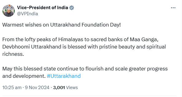 उपराष्‍ट्रपति जगदीप धनखड़ ने उत्‍तराखण्‍ड के स्‍थापना दिवस के अवसर पर लोगों को बधाई दी