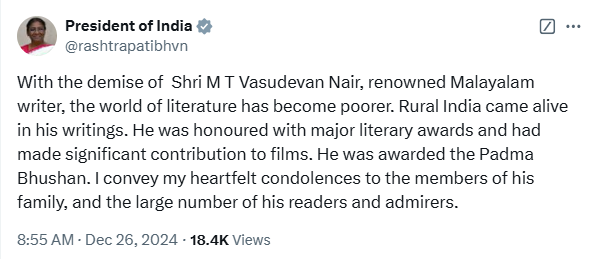 President Droupadi Murmu expresses grief over the demise of eminent Malayalam writer M T Vasudevan Nair