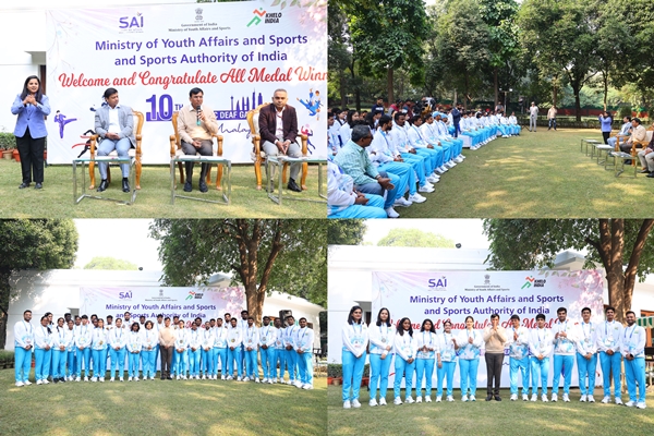 Union Minister Mansukh Mandaviya felicitates Indian Team contingent for clinching 55 medals at 10th Asia-Pacific Deaf Games