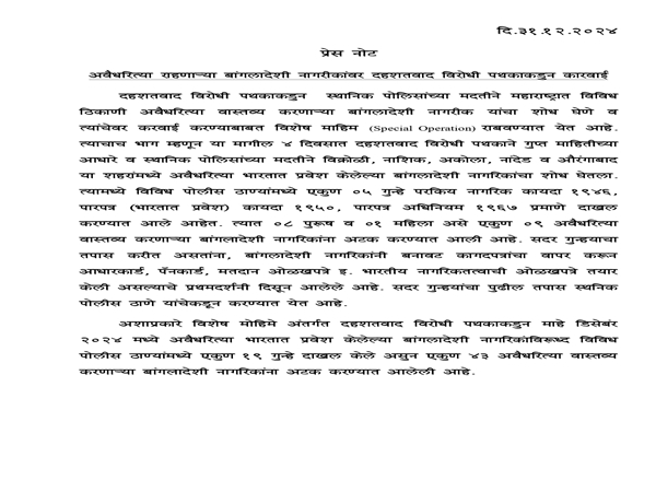 43 Illegal Bangladeshi Nationals Arrested by Maharashtra ATS in December; Fake Documents Seized