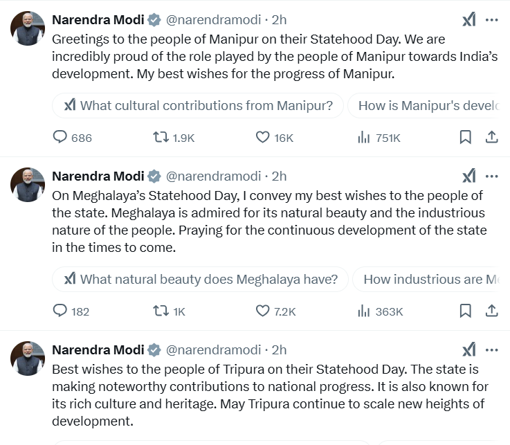 प्रधानमंत्री नरेंद्र मोदी ने मणिपुर, मेघालय और त्रिपुरा के राज्य दिवस पर शुभकामनाएं दी