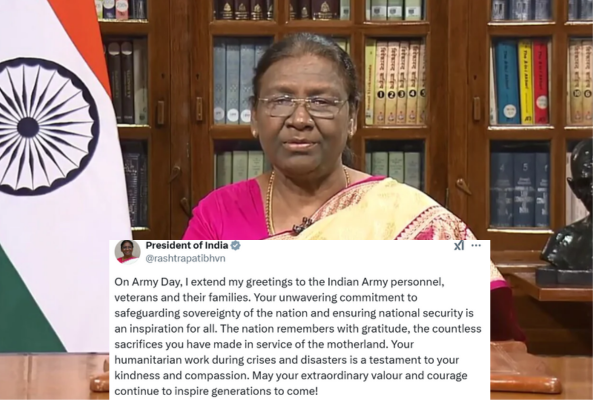 राष्ट्रपति  द्रौपदी मुर्मु ने सेना दिवस पर सैन्य कर्मियों और पूर्व सैनिकों को शुभकामनाएं दीं