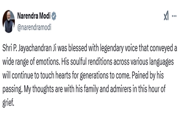 PM Modi expresses grief over demise of playback singer P Jayachandran