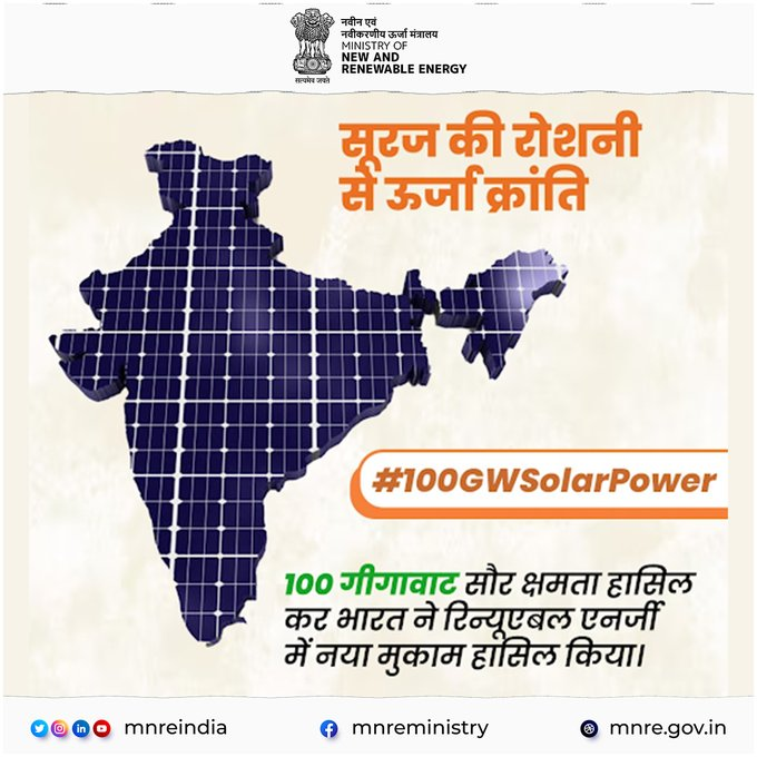 भारत ने 100 गीगावाट स्थापित सौर ऊर्जा क्षमता को पार करके ऐतिहासिक उपलब्धि हासिल की
