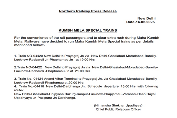 Railways operate 4 Special Trains from Delhi to clear extra rush during ongoing Maha Kumbh Mela