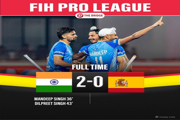 کل شام بھوبنیشور کے کلنگا اسٹیڈیم میں، FIH  Pro League میں بھارت کی مردوں کی ہاکی ٹیم نے اسپین کے خلاف دو-صفر سے جیت حاصل کر کے اپنے لیے پہلے پوائنٹس حاصل کیے۔