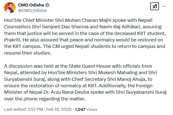 Odisha CM assures Nepal embassy of justice in KIIT student’s alleged suicide