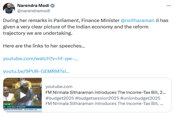 PM Modi lauds FM Sitharaman’s speech in Parliament on Union Budget, introduction of Income Tax Bill