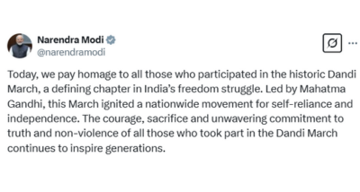 प्रधानमंत्री नरेंद्र मोदी ने ऐतिहासिक दांडी मार्च में भाग लेने वाले सभी लोगों को श्रद्धांजलि दी
