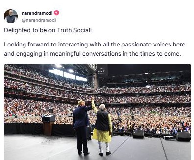 सोशल-मीडिया प्लेटफॉर्म ट्रुथ सोशल से जुड़े प्रधानमंत्री नरेंद्र मोदी