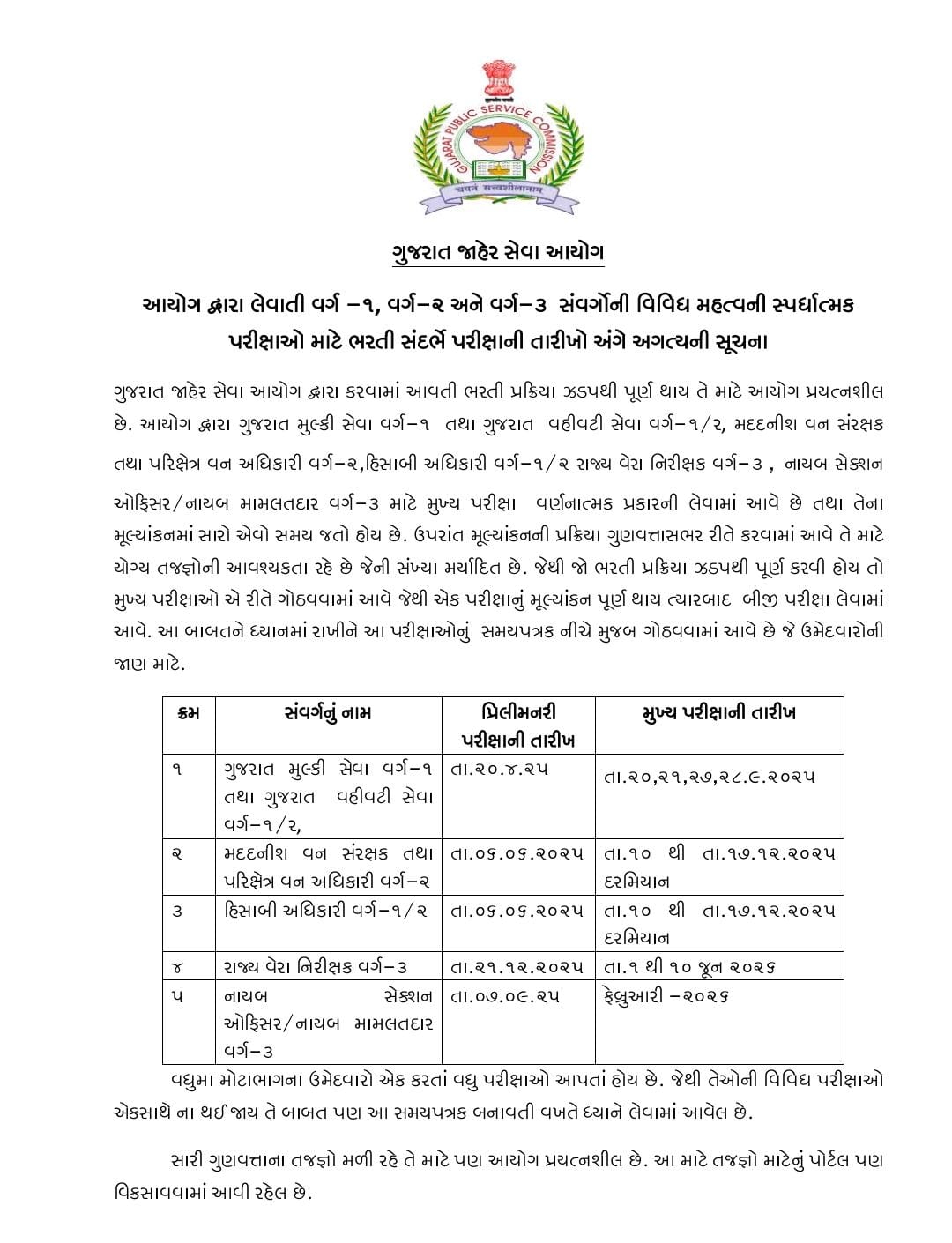 ગુજરાત જાહેર સેવા આયોગ-GPSC દ્વારા આગામી પરીક્ષાઓનુ સમય પત્રક નક્કી કરાયું છે