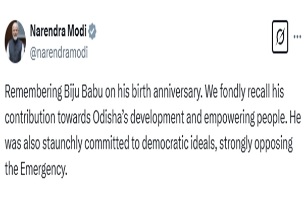 PM Modi pays tribute to former Odisha CM Biju Patnaik on birth anniversary