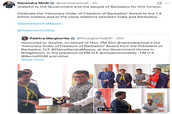 PM Modi expresses gratitude for Honorary Order of Freedom of Barbados Award