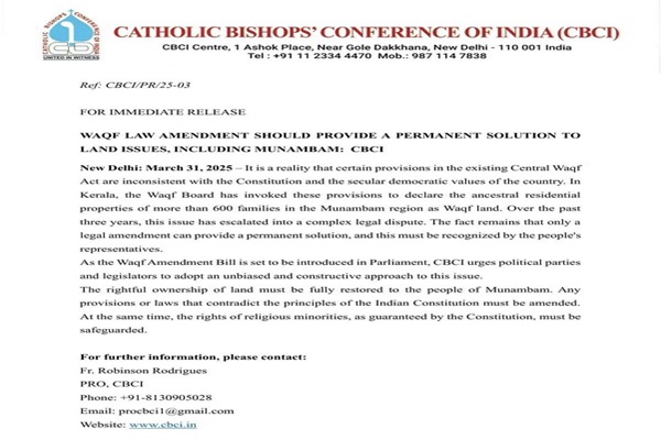 CBCI Calls for Amendments to Waqf Act Over Land Dispute in Kerala