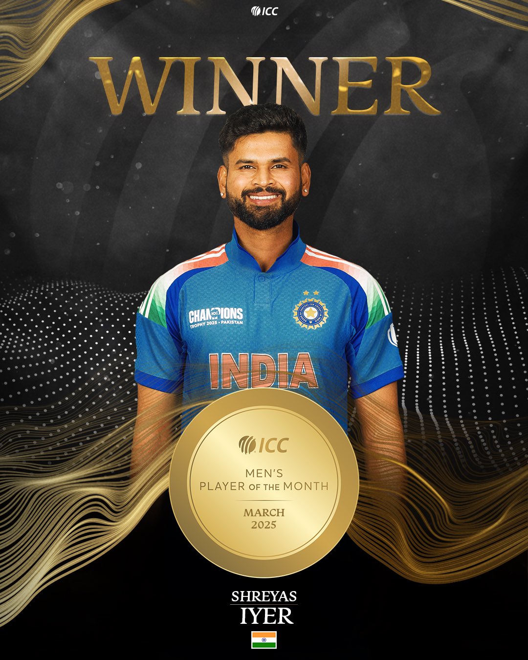 ভাৰতৰ শ্ৰেয়াছ আয়াৰ আই চি চিৰ মাৰ্চ মাহৰ শ্ৰেষ্ঠ পুৰুষ খেলুৱৈ ৰূপে নিৰ্বাচিত