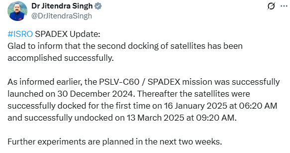 स्पाडेक्स मिशन के तहत उपग्रहों की दूसरी डॉकिंग सफलतापूर्वक पूरी हुई