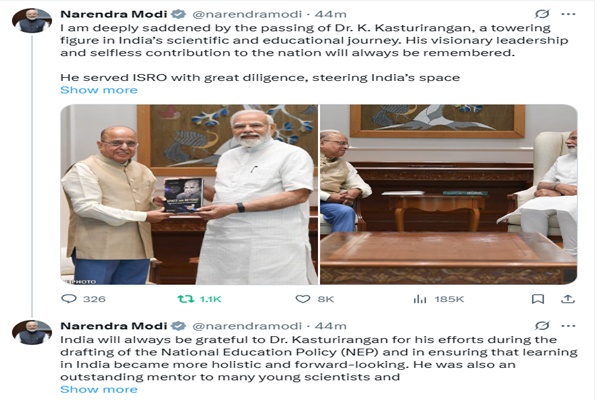 PM Modi expresses grief over passing away of Dr. K. Kasturirangan