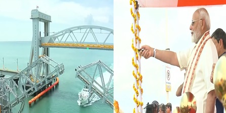 প্রধানমন্ত্রী নরেন্দ্র মোদী আজ তামিলনাড়ুর পামবানে উলম্বভাবে উত্তোলনযোগ্য সেতুর উদ্বোধন করেছেন।