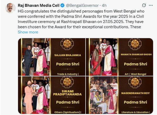 রাজ্যপাল সি. ভি. আনন্দ বোস ২০২৫ সালের পদ্মশ্রী সম্মানে ভূষিত এরাজ্যের বিশিষ্টজনদের আন্তরিক অভিনন্দন ও শুভেচ্ছা জানিয়েছেন।