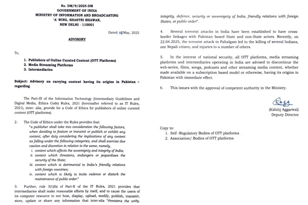 Govt asks OTT & other media streaming platforms to discontinue Pak content
