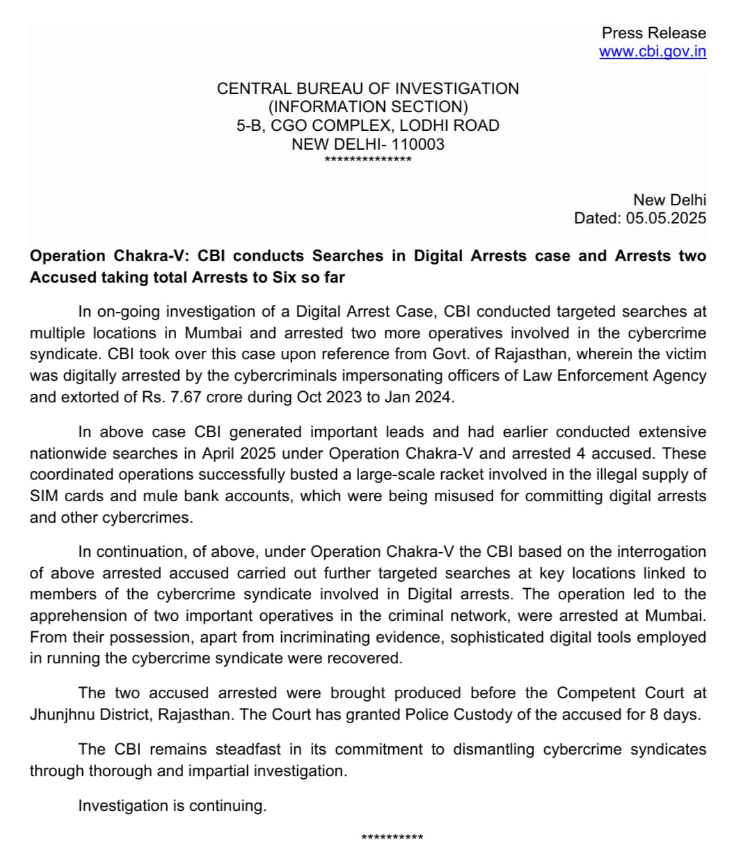 सीबीआई ने ऑपरेशन चक्र-वी के अंतर्गत डिजिटल गिरफ्तारी मामले में 6 लोगों को गिरफ्तार किया