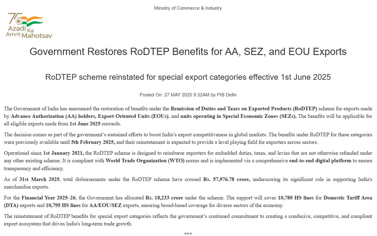 Government Restores RoDTEP Benefits for AA, SEZ  and EOU Exports