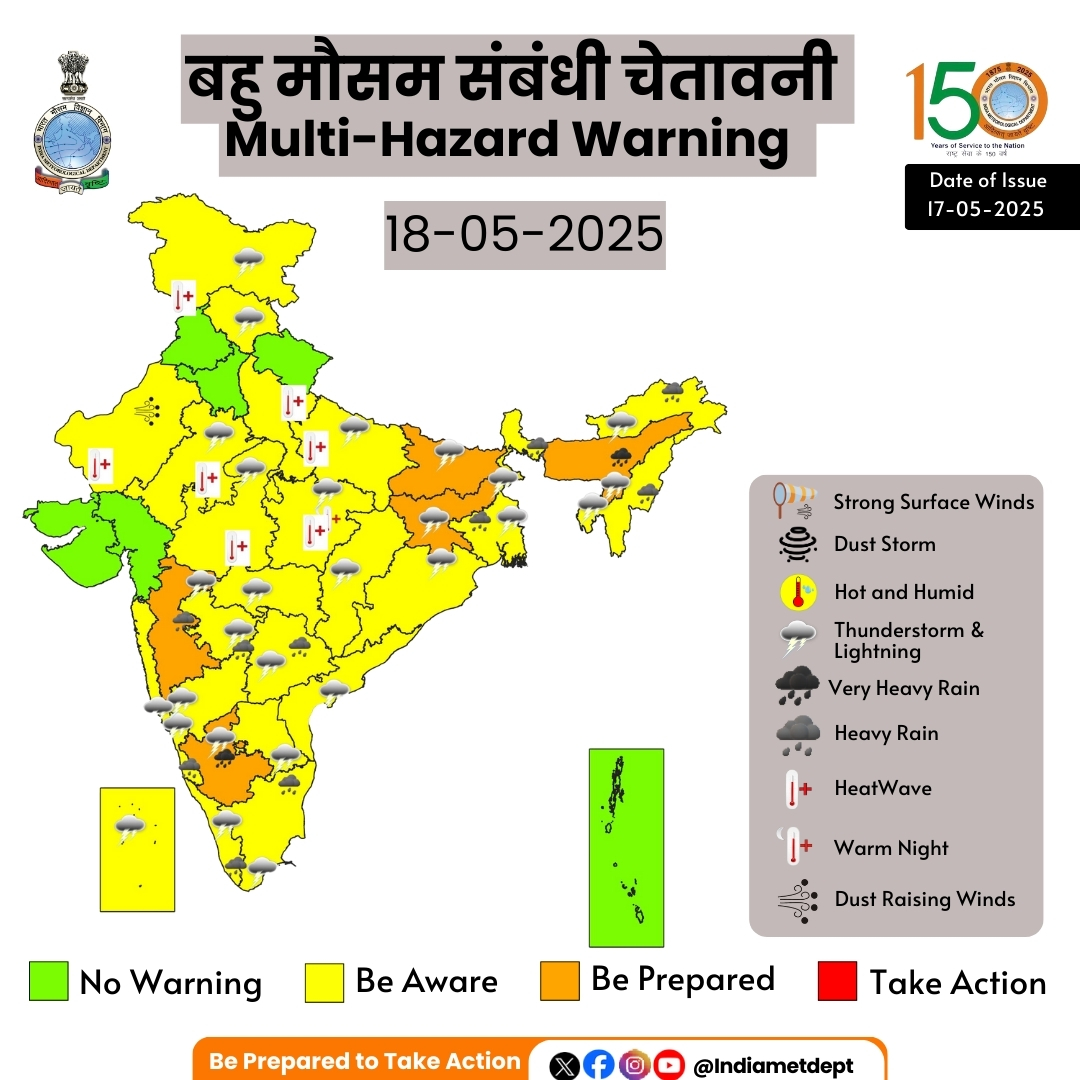 IMD forecasts very heavy rainfall in Assam, Meghalaya & South Interior Karnataka today; Parts of India also to receive Heavy rainfall