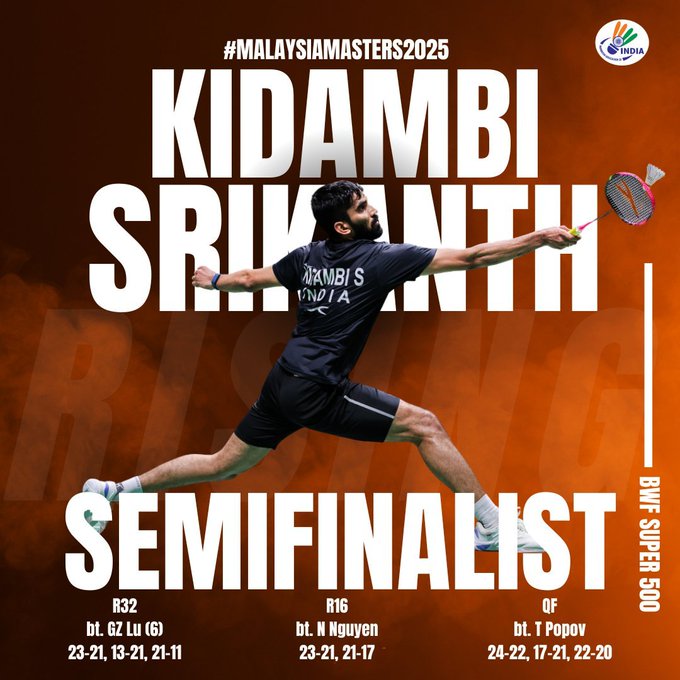 মালয়েছিয়া মাষ্টাৰ্ছ বেডমিণ্টনত কিদাম্বি শ্রীকান্ত পুৰুষৰ ছিংগলছৰ ফাইনেলত প্ৰৱেশ