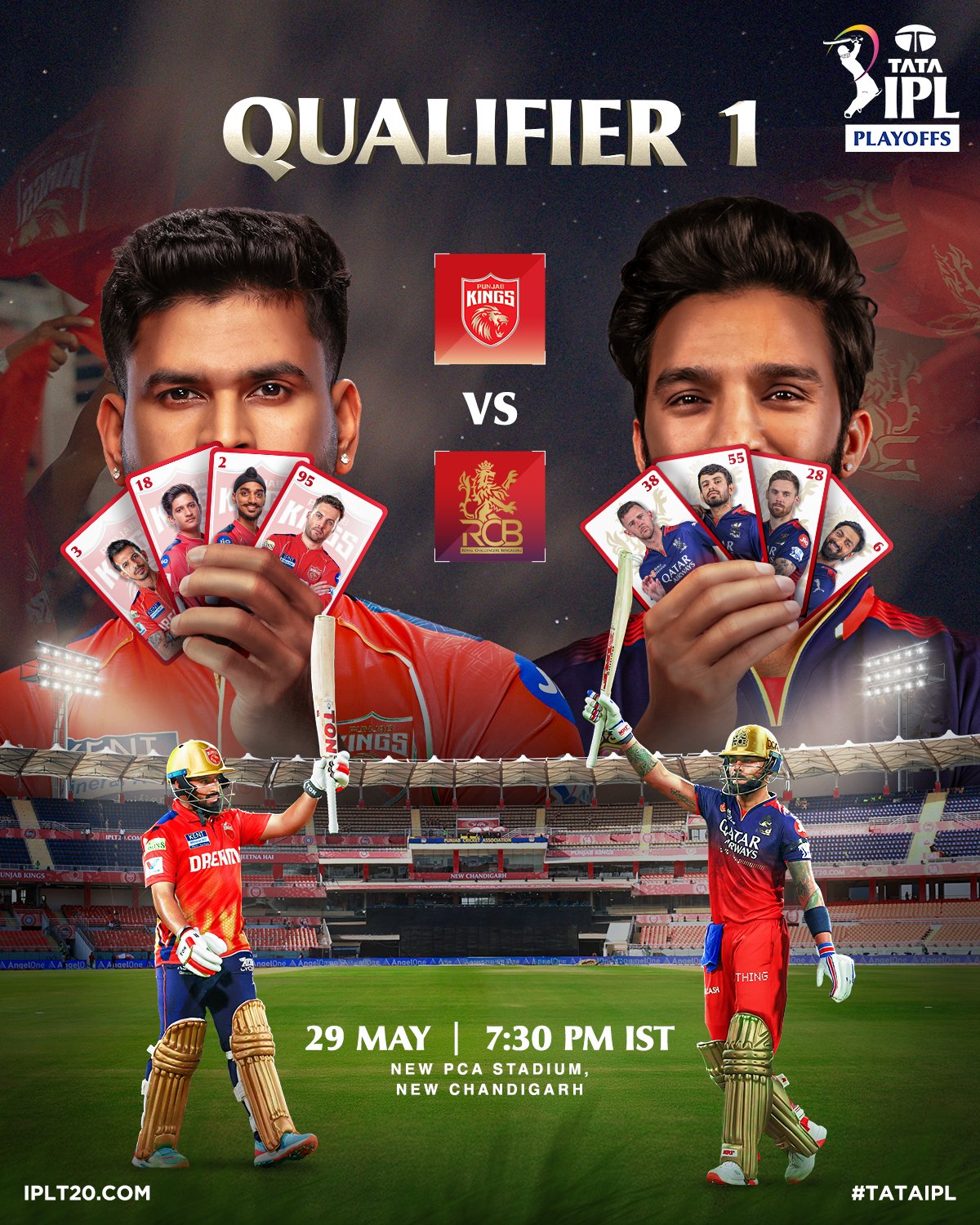 IPL ક્રિકેટમાં પ્લેઓફની પહેલી ક્વોલિફાયર મેચમાં પંજાબ કિંગ્સ આજે રોયલ ચેલેન્જર્સ બેંગ્લોર સામે ટકરાશે
