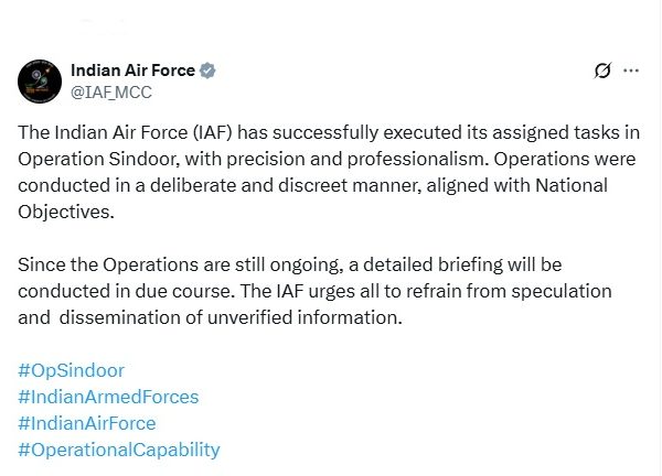 Indian Air Force says it has successfully executed its assigned tasks in Operation Sindoor with precision