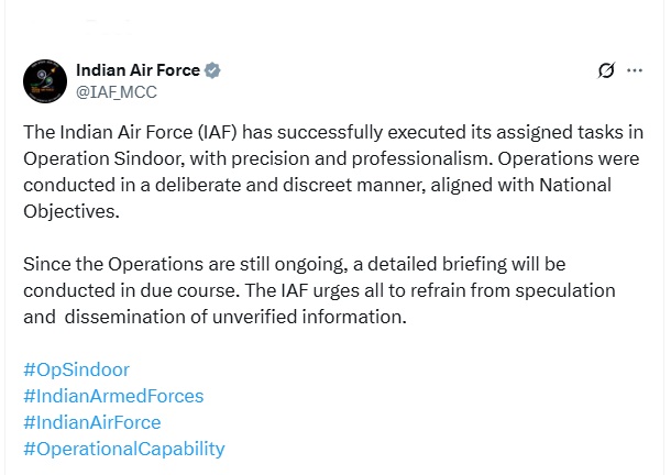 Indian Air Force says it has successfully executed its assigned tasks in Operation Sindoor with precision