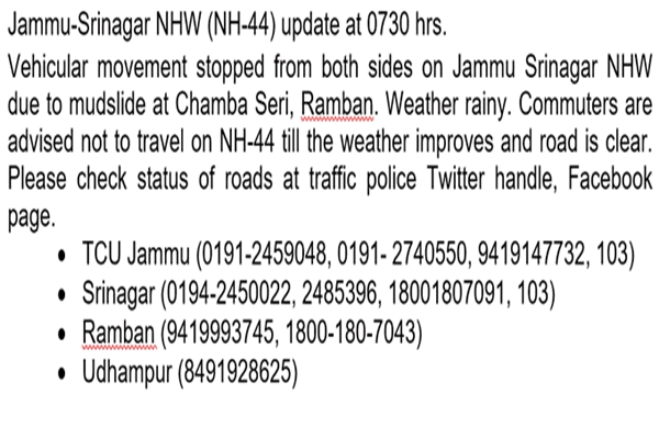 Mudslide closes Jammu-Srinagar NH44; traffic suspended