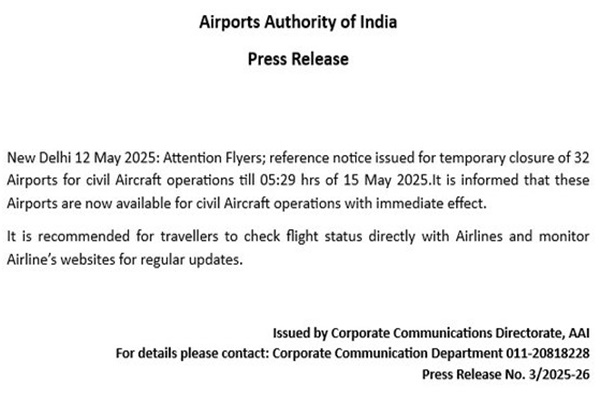 32 airports reopen for civil aircraft operations after India-Pakistan ceasefire