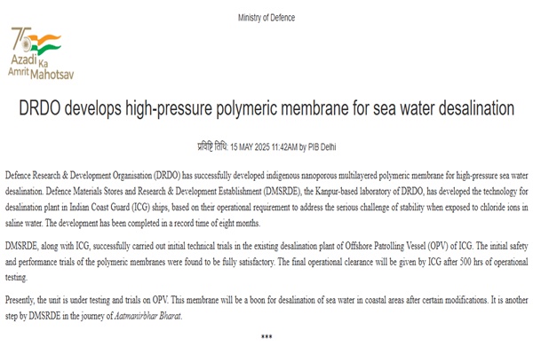 DRDO develops high-pressure polymeric membrane for sea water desalination
