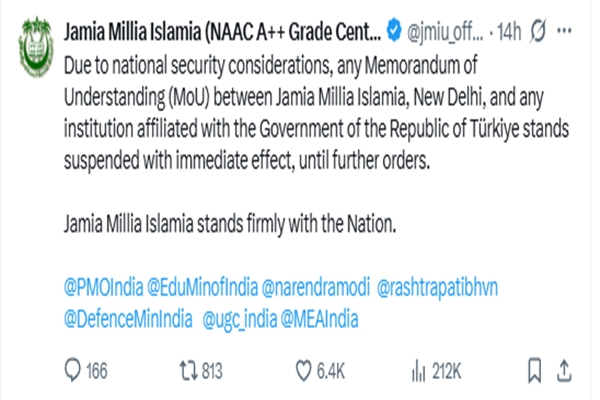 Jamia Millia Islamia suspends MoUs with institutions in Turkey over support to Pakistan