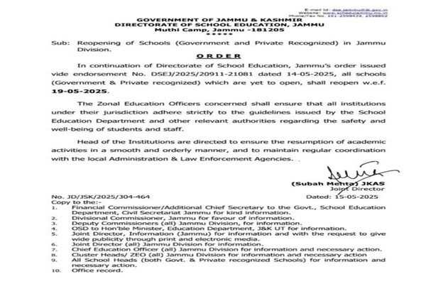 J&K: Remaining schools in Jammu division to reopen on May 19