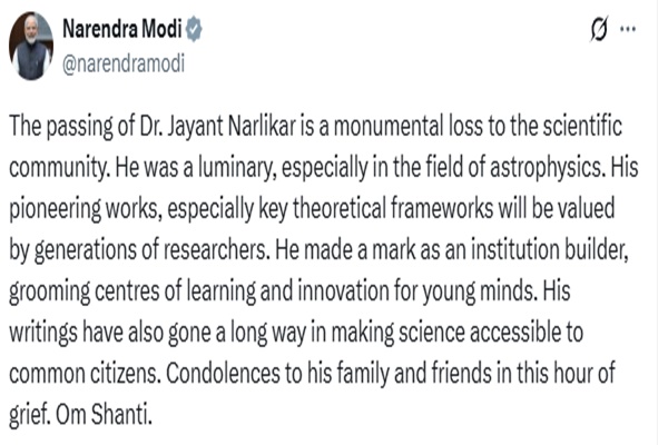 PM Modi condoles demise of astrophysicist Jayant Narlikar