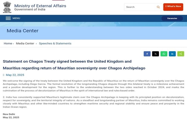 India welcomes UK-Mauritius treaty on Chagos