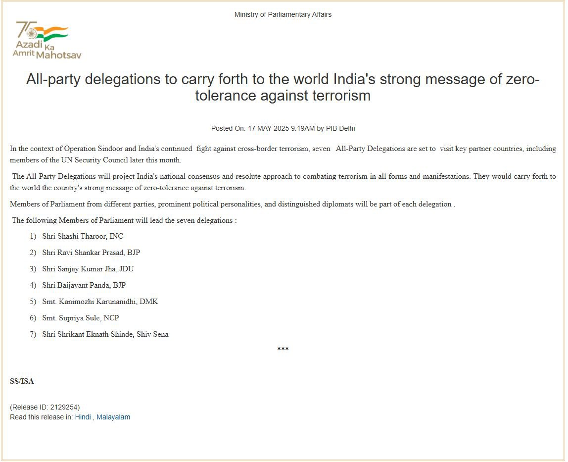 Govt announces 7 all party delegations to visit different countries to put across India’s resolve to tackle terrorism         