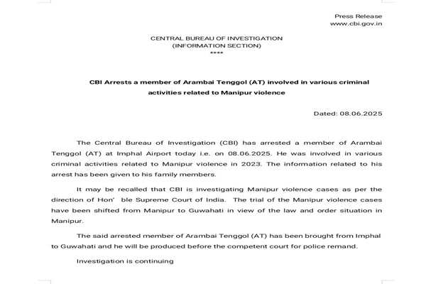 CBI Arrests Arambai Tenggol Member at Imphal Airport in Manipur Violence Case
