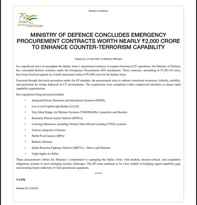 लष्करासाठी तातडीच्या खरेदी यंत्रणेअंतर्गत १,९८१ कोटी रुपये खर्चाच्या प्रस्तावाला मंजुरी