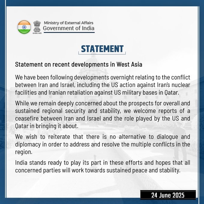 India welcomes ceasefire between Iran & Israel