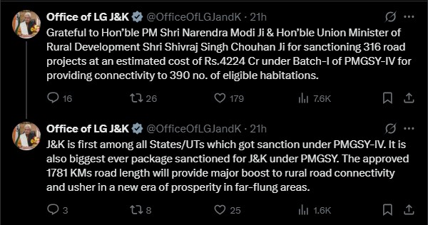 केंद्र सरकार ने प्रधानमंत्री ग्राम सड़क योजना-4 के तहत जम्मू-कश्मीर के लिए 316 सड़क परियोजनाओं को मंजूरी दी