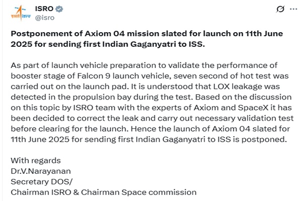 Axiom-4 launch carrying Indian astronaut delayed again over oxygen leak