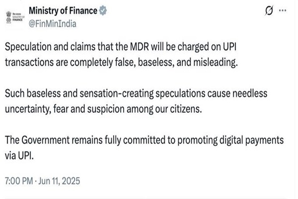 Finance Ministry says, there is no plan to levy MDR charge on UPI transactions