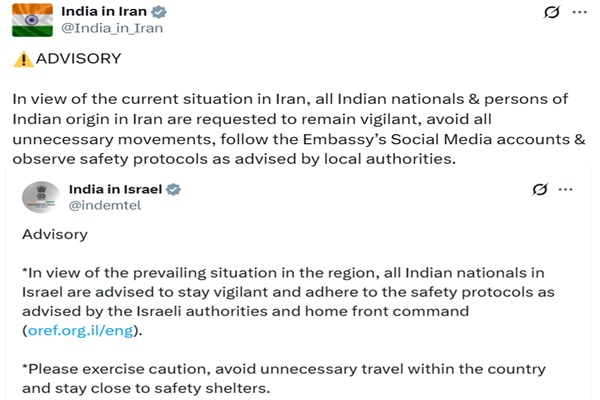 Indian Embassies in Israel and Iran advise nationals to stay vigilant
