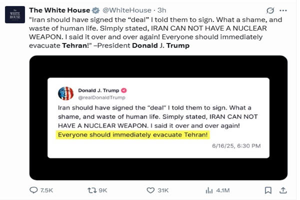 US President asks everyone to immediately evacuate Tehran as tensions between Iran & Israel rise