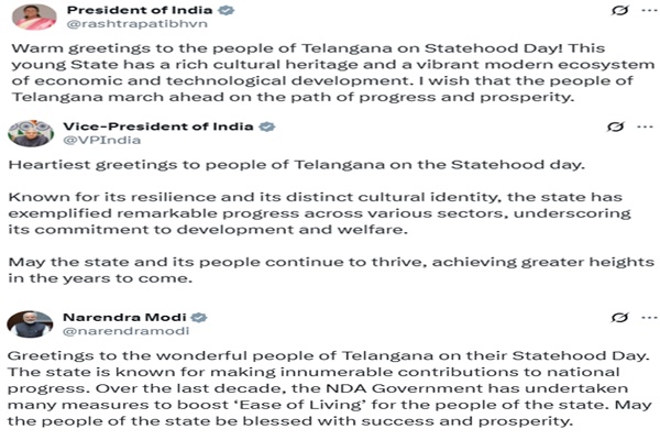 President Murmu, VP Dhankhar, PM Modi greet Telangana on Statehood Day