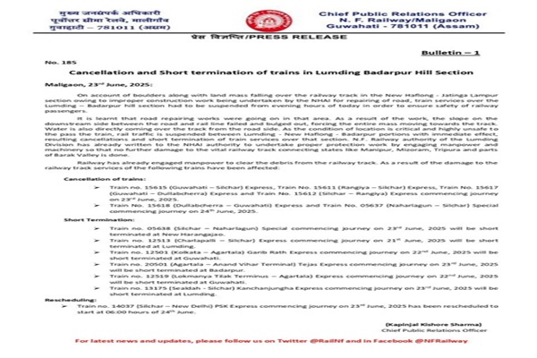 Train services to Tripura, Manipur, Mizoram suspended after landslides hit haflong section: NFR
